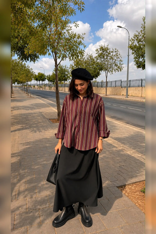 חולצה מכופתרת בפסים בורדו